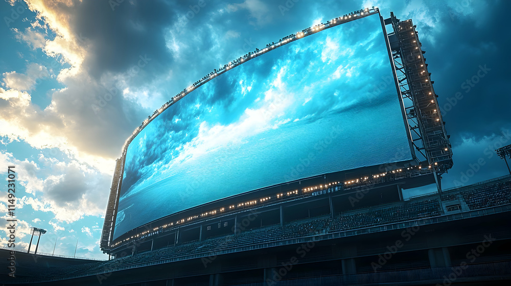 Fototapeta premium A large digital screen displays a serene ocean scene under a dramatic sky.