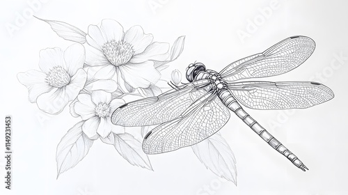 Line drawing of a dragonfly hovering above flowers