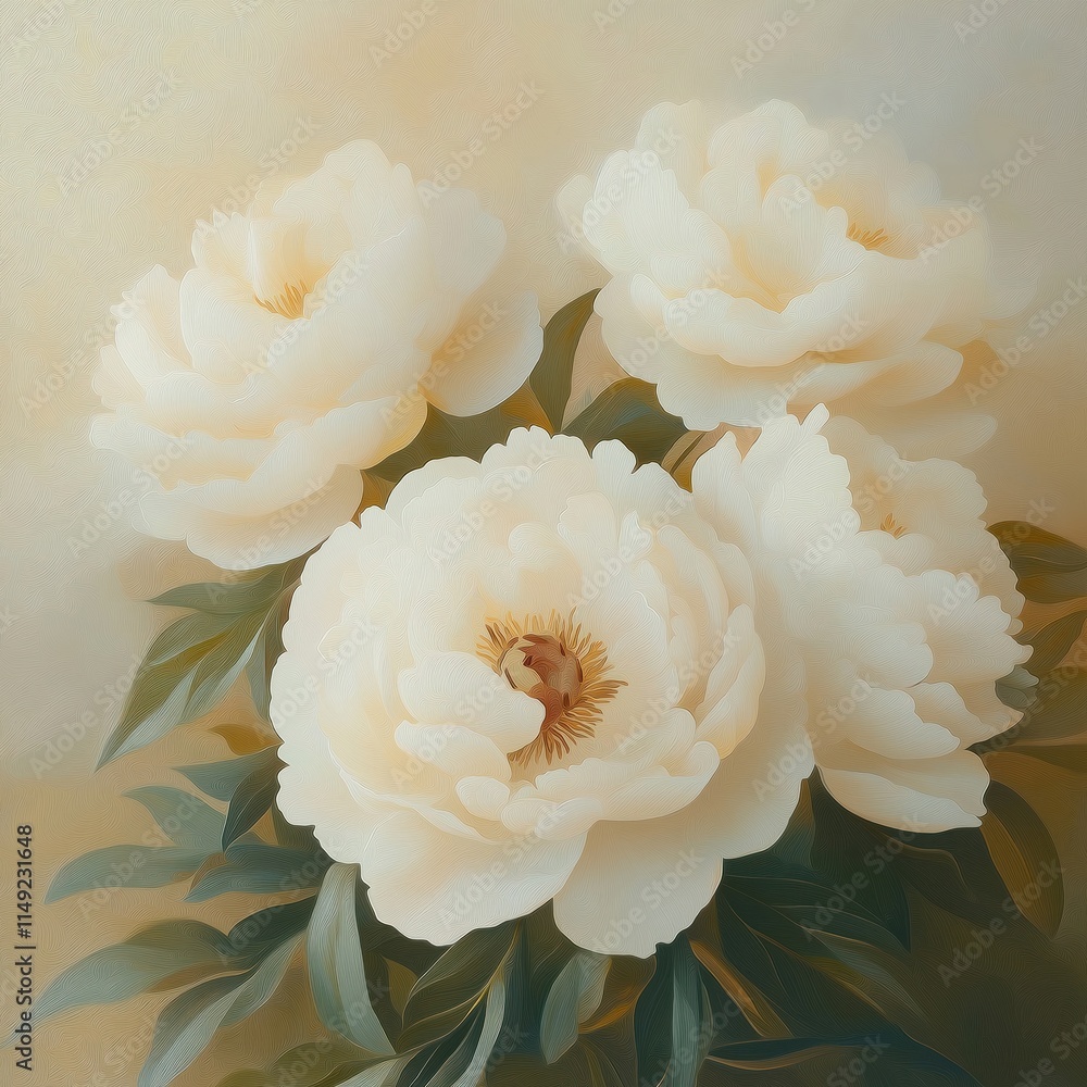 Elegant white peonies in bouquet. Close up view of flower petals. Vintage romantic style oil painting. Soft focus, warm colors. Decorative flower illustration. Soft lighting, dark tones create