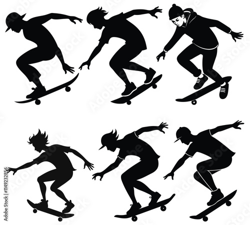 silhouette skateboarder vector illustration, skateboard black design collection