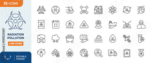 Radiation Pollution Line Editable Icons set. containing mining of coal and radioactive minerals, waste disposal, nuclear weapons and more.