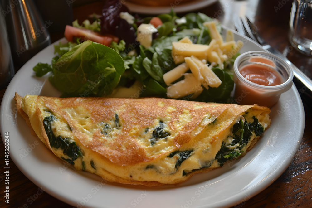 Omelet and spinach for breakfast menu. Omelet and spinach for breakfast menu.