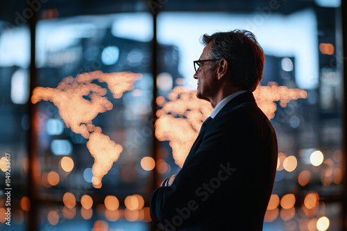 Politics and trade silhouette of a politician with a financial graph world map, merging commerce and diplomacy photo