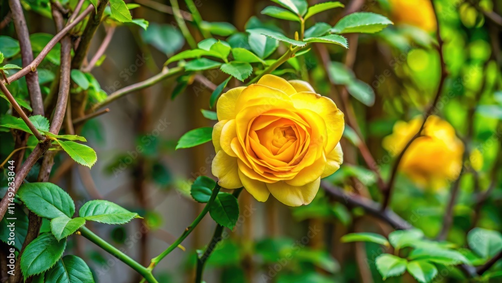 Vibrant yellow rose blooms in a lush bush surrounded by tangled vines and leaves against a soft natural background, outdoor landscape, blooming roses Vibrant yellow rose blooms in a lush bush surrounded by tangled vines and leaves against a soft natural background, outdoor landscape, blooming roses