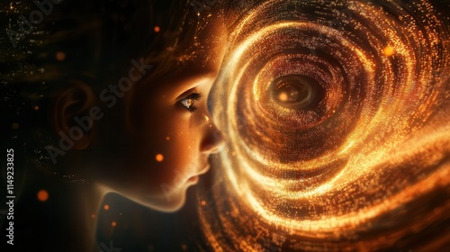 Mystical Child Portrait Golden Energy Vortex and Little Girl's Face, Abstract Fantasy Art photo