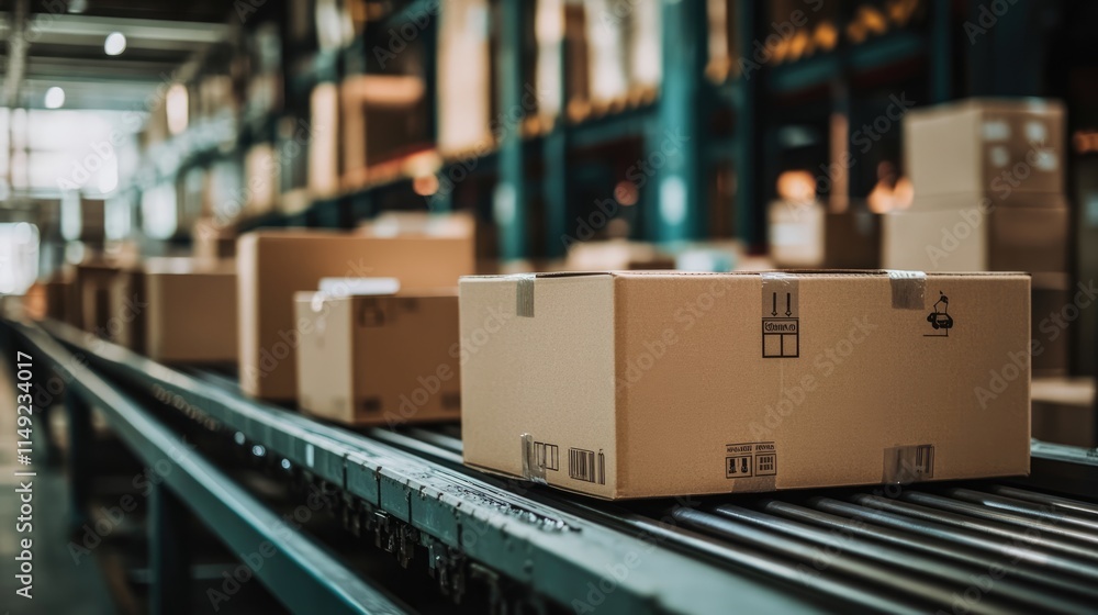 Conveyor Belt Carrying Cardboard Boxes in a Warehouse Conveyor Belt Carrying Cardboard Boxes in a Warehouse