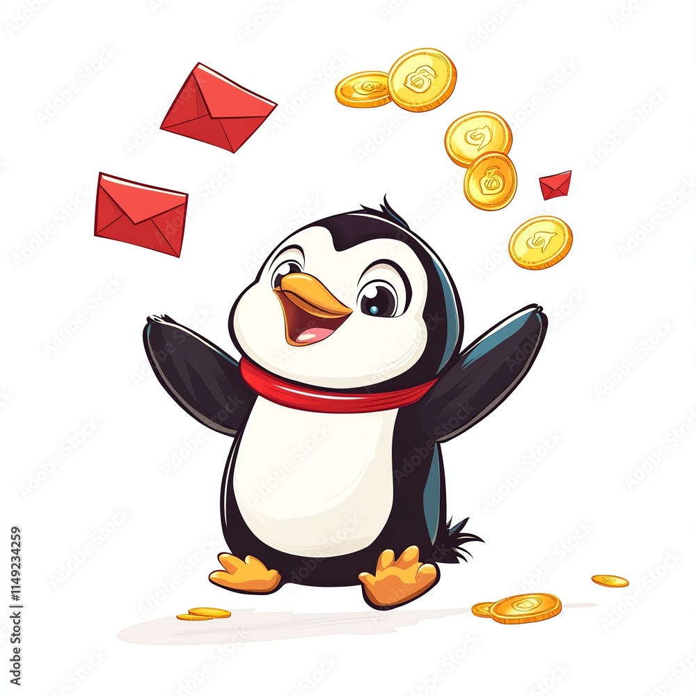 Obraz premium A cheerful penguin joyfully juggling coins and letters, symbolizing fun and excitement.