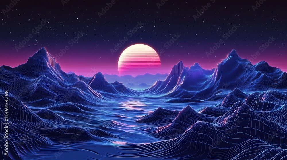 Obraz premium Retro Futuristic Synthwave Landscape 80s Inspired Digital Art of Wireframe Mountains and Sunset