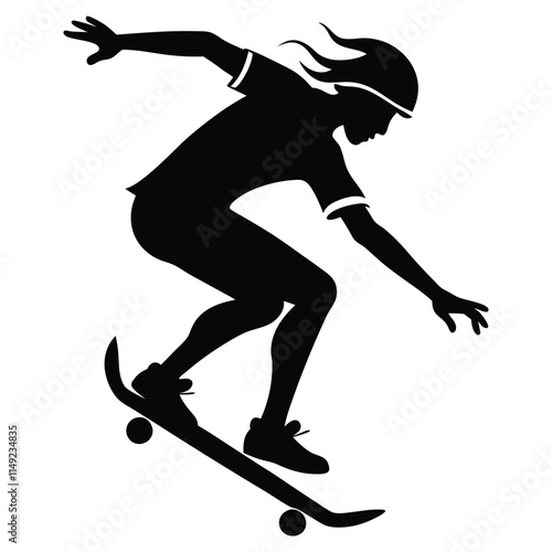 Black silhouette of a boy on skateboard on white background