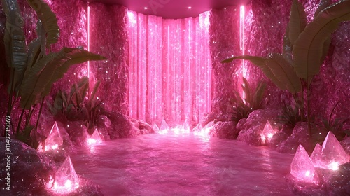 Pink Crystal Waterfall Paradise: A mesmerizing digital rendering of a tranquil oasis, featuring a cascading pink waterfall surrounded by glowing crystals and lush tropical foliage. © ภูริพัฒน์ ภิรมย์กิจ