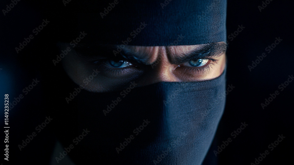 Man in hoodie. Karate guy dark background black mask face. A black karate mask with a black face. The photo is of a man wearing a black hooded robe and blue lifestyle eyes. Man in hoodie. Karate guy dark background black mask face. A black karate mask with a black face. The photo is of a man wearing a black hooded robe and blue lifestyle eyes.