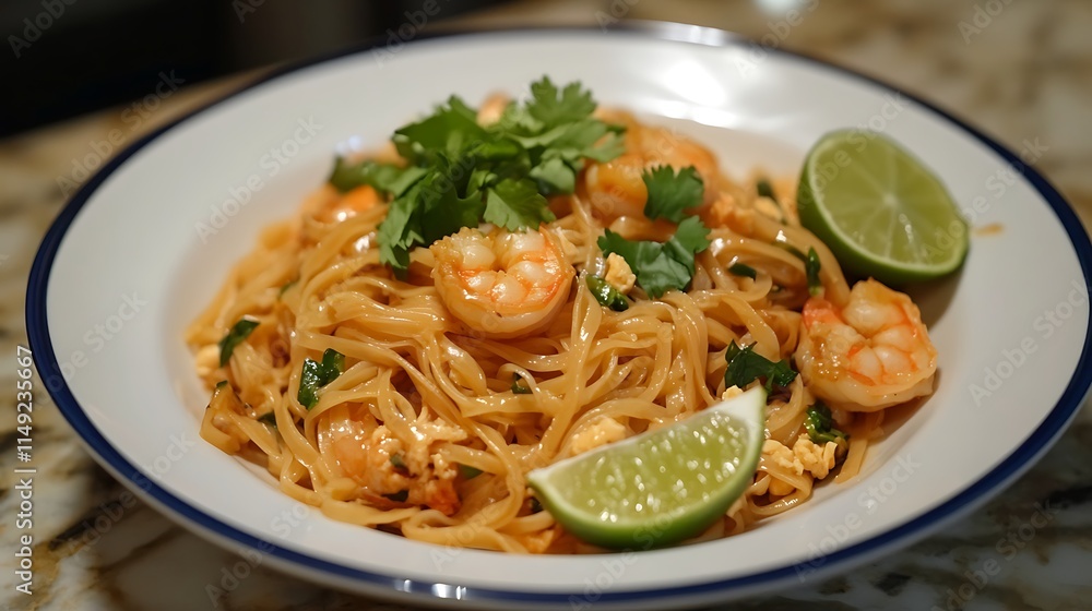 Traditional Thai Pad Thai noodles with shrimp garnished with lime and greens Traditional Thai Pad Thai noodles with shrimp garnished with lime and greens