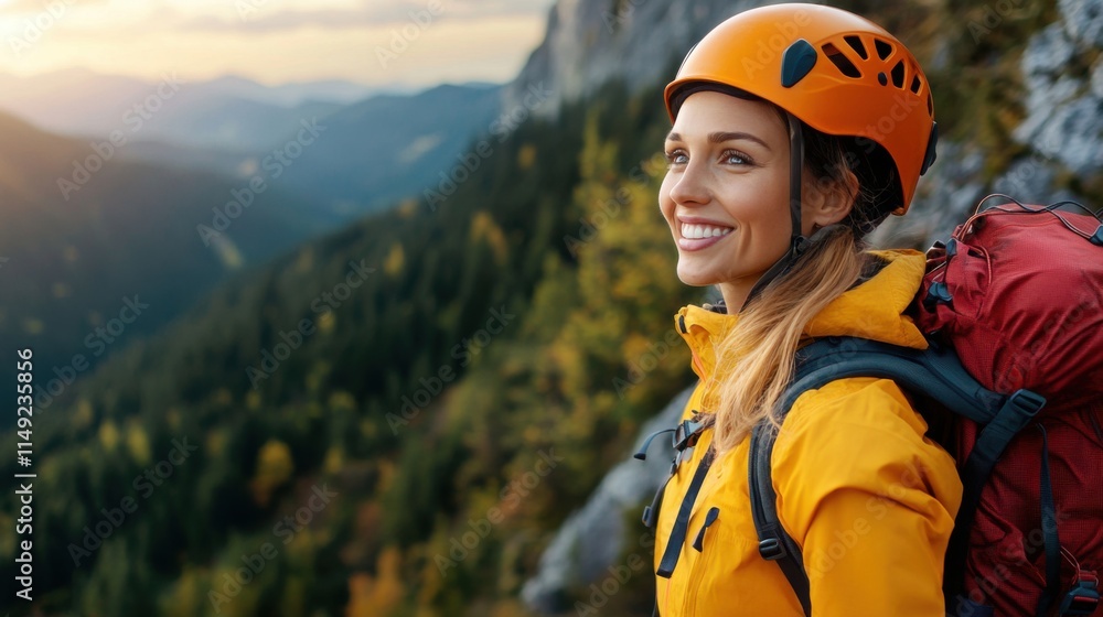 Young Woman in Mountain Landscape Wearing Climbing Gear and Smiling at Sunset in Vibrant Outdoor Scene Young Woman in Mountain Landscape Wearing Climbing Gear and Smiling at Sunset in Vibrant Outdoor Scene