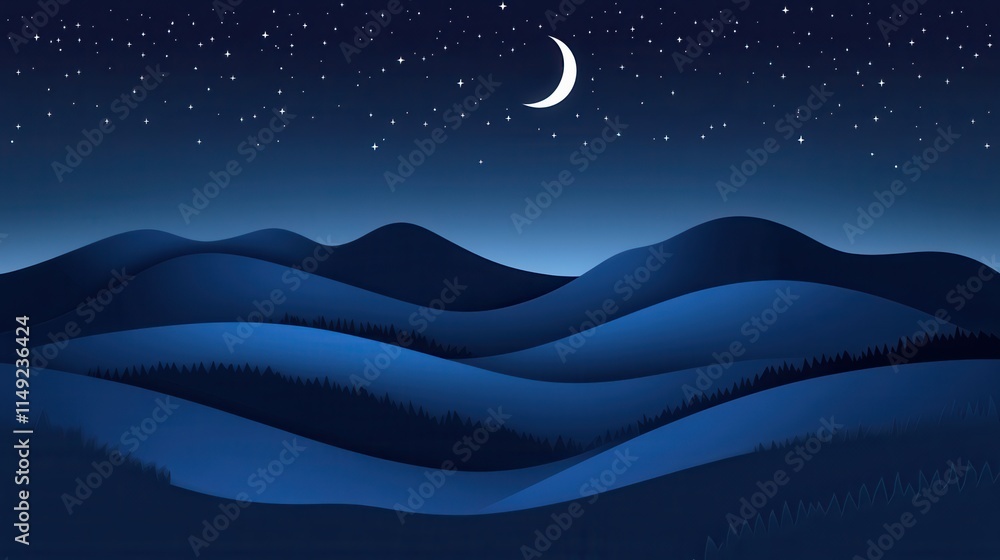 Obraz premium Serene Night Landscape Crescent Moon, Starry Sky over Rolling Hills and Forests - Vector Illustration