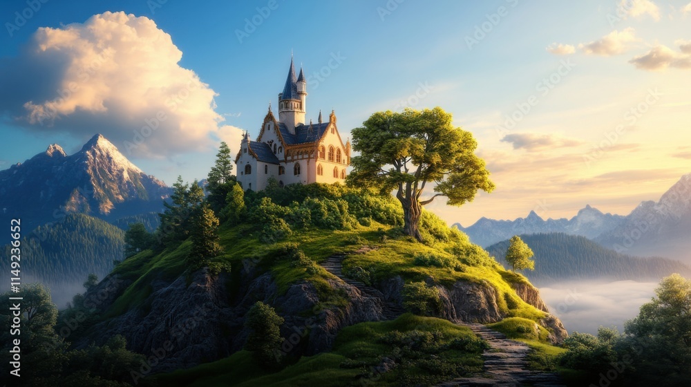 Majestic Castle on a Hill Surrounded by Lush Greenery and Scenic Mountains Under a Bright Blue Sky Majestic Castle on a Hill Surrounded by Lush Greenery and Scenic Mountains Under a Bright Blue Sky