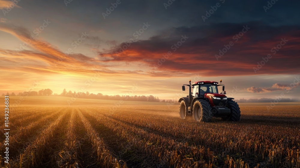 Scenic Sunset Over Agricultural Field With Tractor Working Fertile Land and Rural Landscape Scenic Sunset Over Agricultural Field With Tractor Working Fertile Land and Rural Landscape