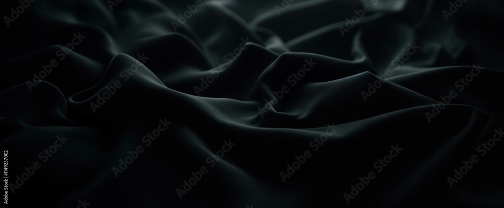 Obraz premium A close-up of luxurious black silk fabric with intricate folds and smooth textures, creating a soft and elegant appearance. The lighting highlights the glossy surface and rich details of the material.