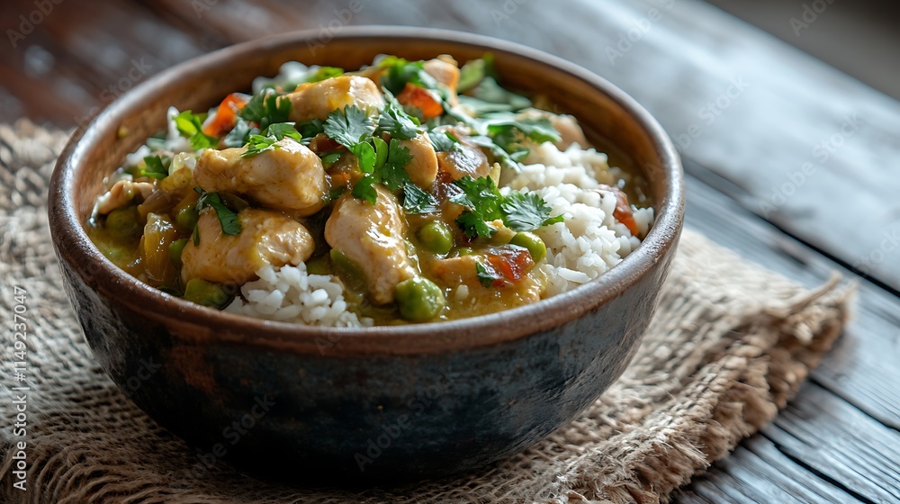 Authentic chicken green curry in a ceramic bowl placed on a rustic wooden background Authentic chicken green curry in a ceramic bowl placed on a rustic wooden background