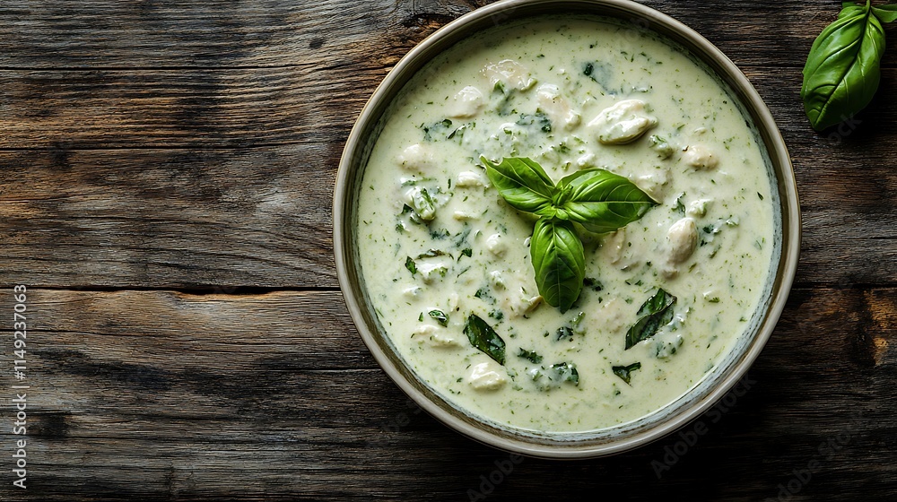 Top view of creamy green curry with chicken garnished with basil leaves on wooden surface Top view of creamy green curry with chicken garnished with basil leaves on wooden surface