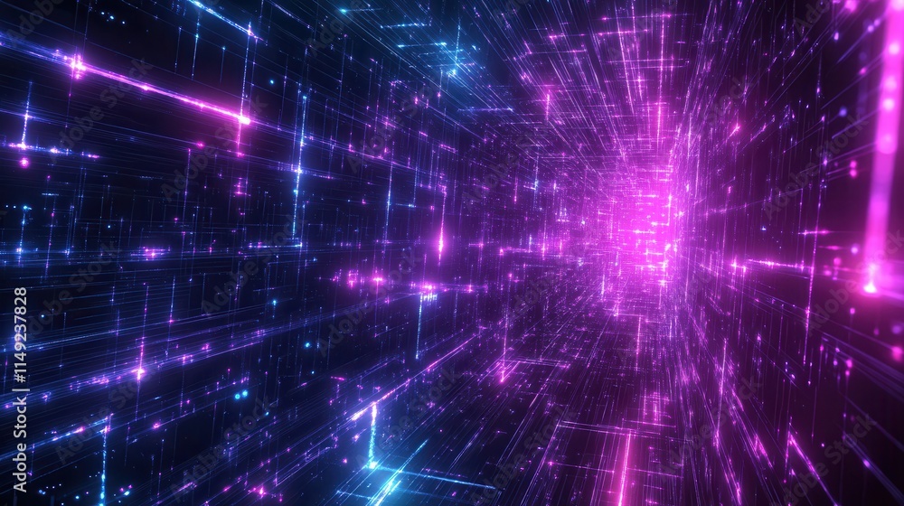 Fototapeta premium Abstract Futuristic Neon Tunnel Glowing Purple and Blue Digital Lines, Data Stream Background, Cyberpunk Style