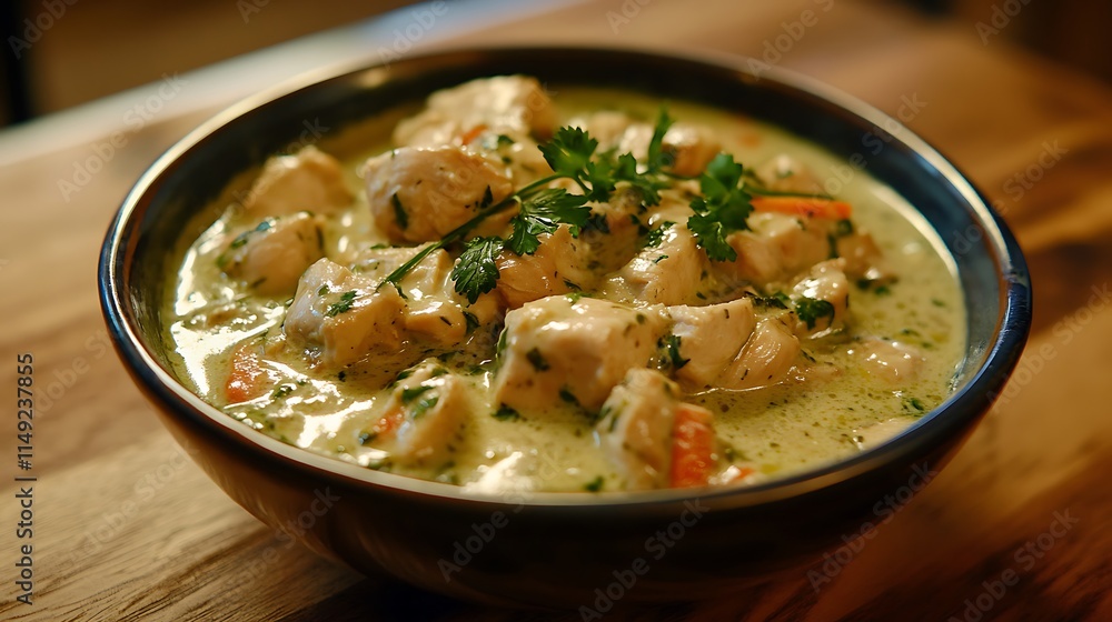 Creamy Thai chicken green curry served in a bowl on a wooden surface Creamy Thai chicken green curry served in a bowl on a wooden surface