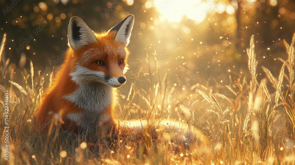 Fox basks in golden light amidst field grasses. Fox basks in golden light amidst field grasses.