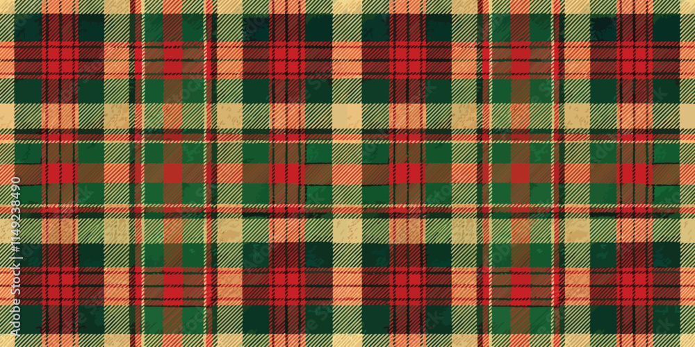 Obraz premium Colorful plaid pattern featuring red, green, and yellow tones, perfect for cozy designs and festive occasions.