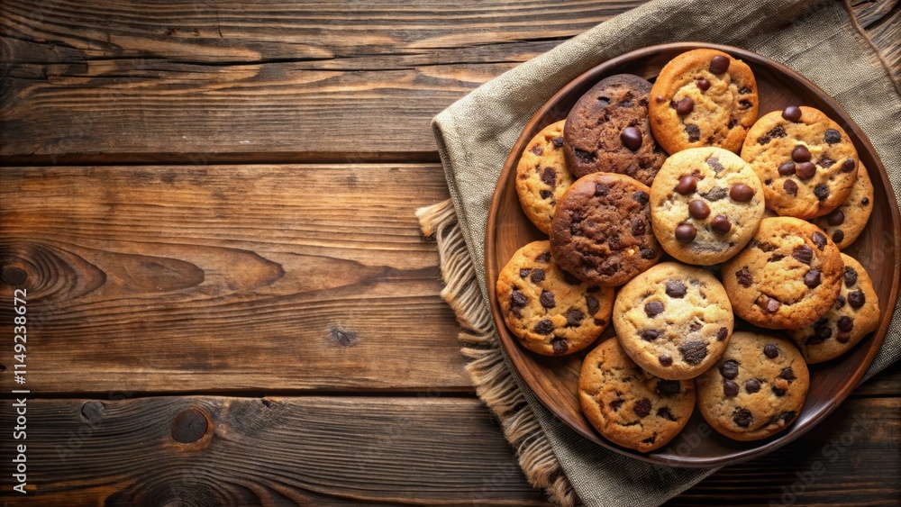 Warm and inviting cookie tray with multiple top view of freshly baked chocolate chip cookies on a rustic wooden table Warm and inviting cookie tray with multiple top view of freshly baked chocolate chip cookies on a rustic wooden table