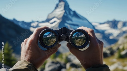 Man Using Binoculars to View Majestic Matterhorn Mountain Landscape in Swiss Alps - Adventure Travel and Exploration Concept