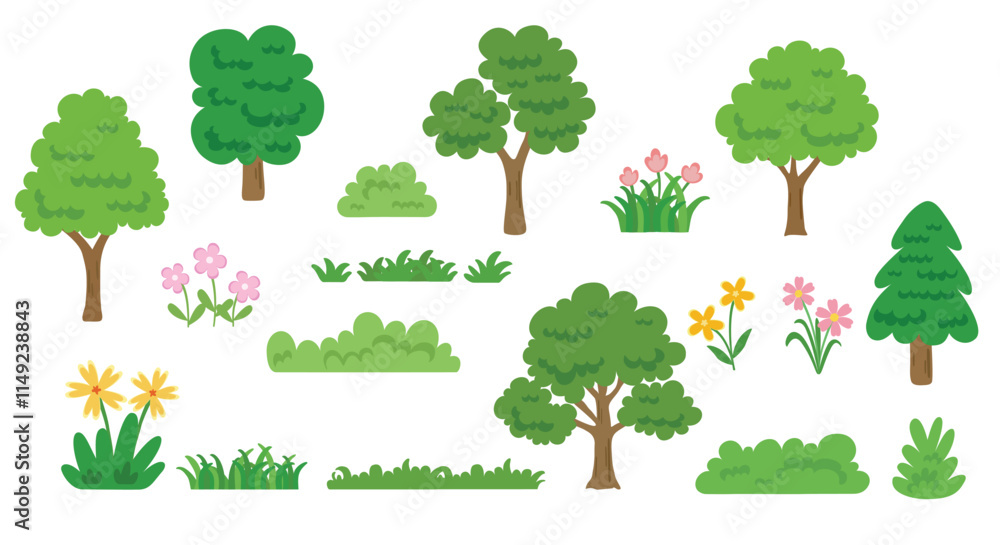 Set of tree and flower collection hand drawn flat design vector element. Set of tree and flower collection hand drawn flat design vector element.