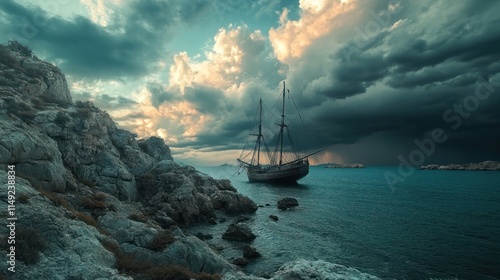 A Greek bireme approaching a rocky coastline, dramatic clouds and cinematic lighting  photo