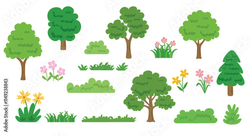 Set of tree and flower collection hand drawn flat design vector element. 