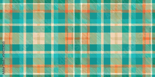 Colorful turquoise and orange plaid pattern, creating a vibrant and modern textile design.