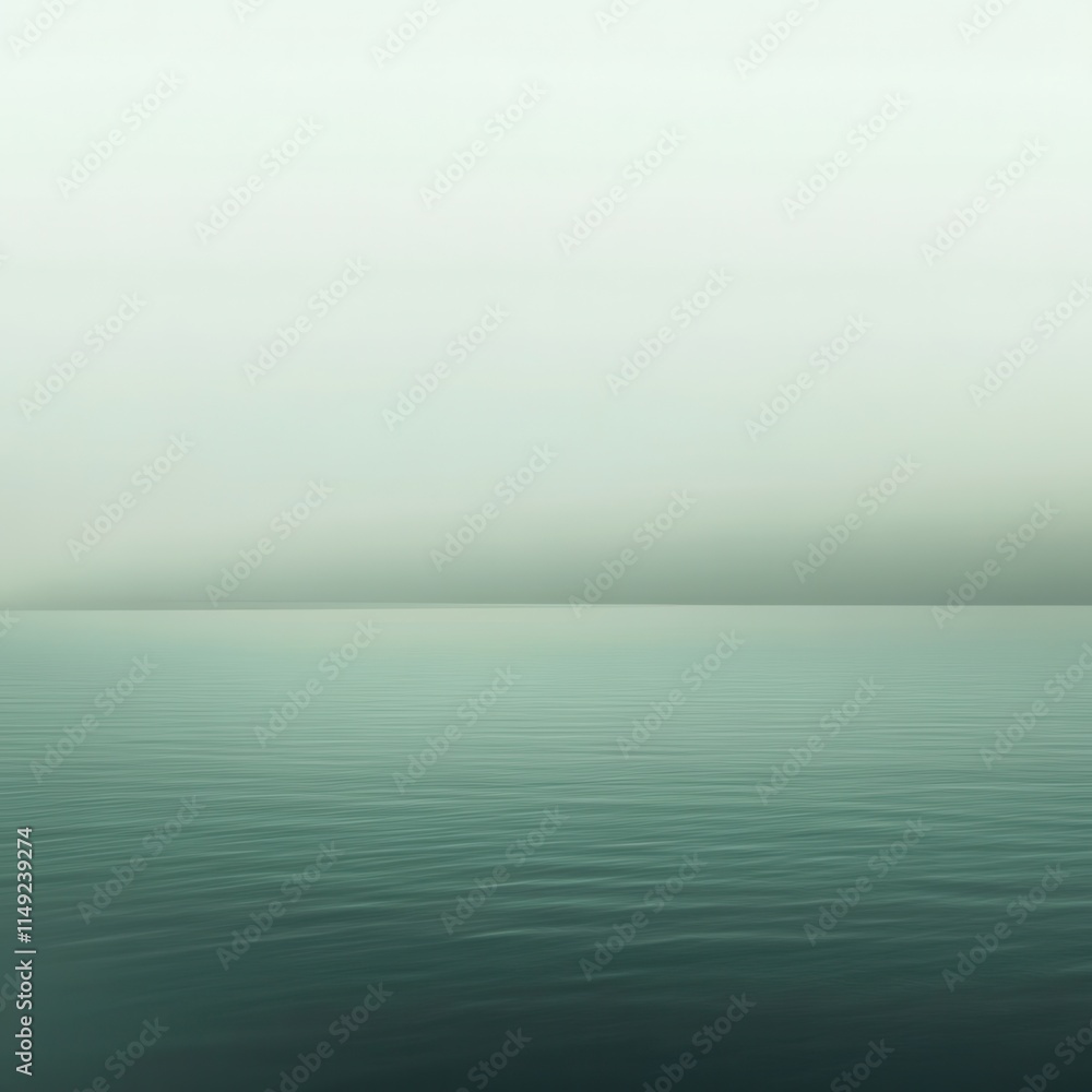 Fototapeta premium Serene Teal Sea Minimalist Ocean Landscape with Calm Water and Misty Sky - Stock Photo