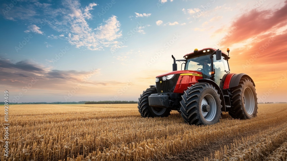 Vibrant Red Tractor Plowing Field at Sunset with Dramatic Sky and Golden Crop Landscape Vibrant Red Tractor Plowing Field at Sunset with Dramatic Sky and Golden Crop Landscape