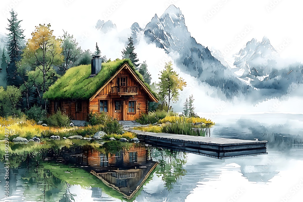 Naklejka premium Serene Watercolor Painting of a Mountain Cabin with a Lake Reflection.