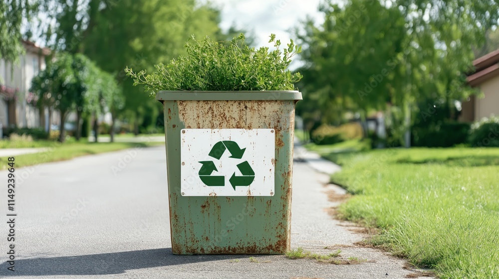 Residential street scene shows municipal recycling bin with clear recycling symbol. Eco-friendly initiative promotes sustainable waste management. Community care for environment evident. Green grass Residential street scene shows municipal recycling bin with clear recycling symbol. Eco-friendly initiative promotes sustainable waste management. Community care for environment evident. Green grass