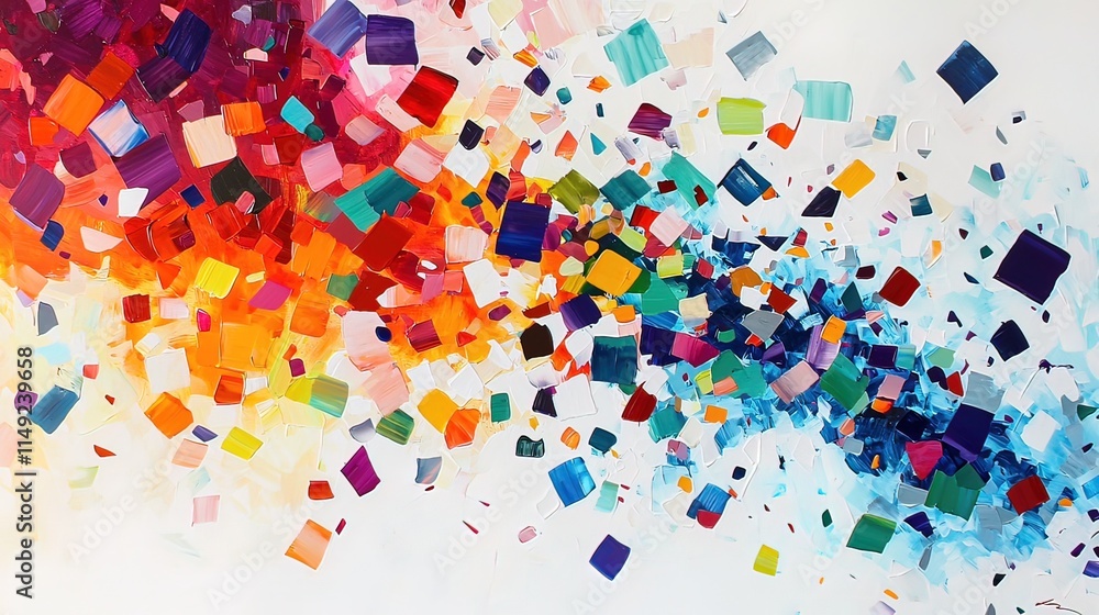 Abstract colorful squares exploding outwards from a central point, creating a dynamic and energetic composition. Abstract colorful squares exploding outwards from a central point, creating a dynamic and energetic composition.