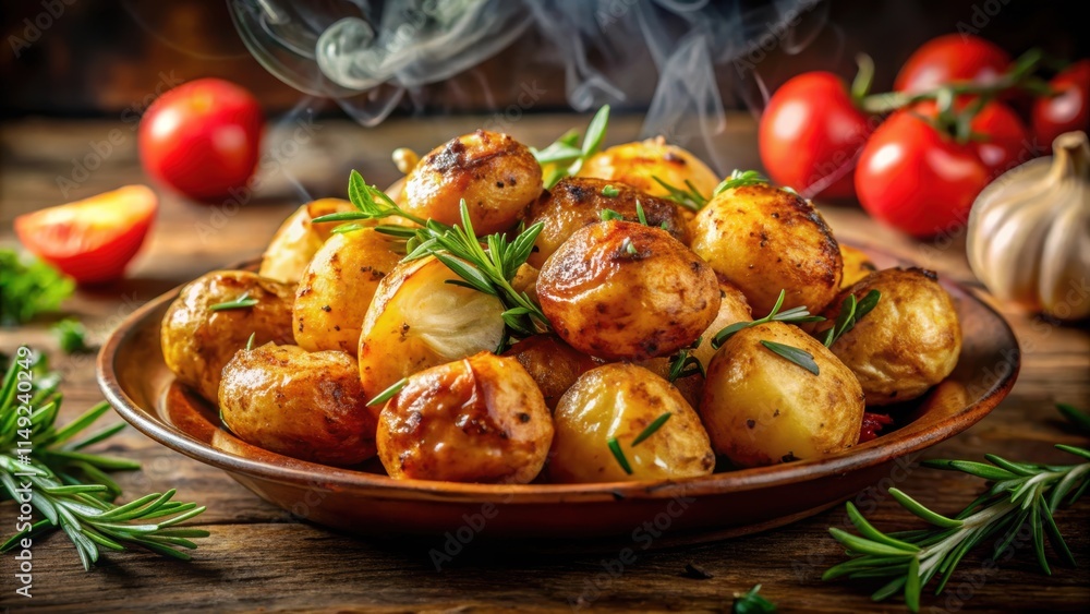 Obraz premium Golden roasted potatoes in the skin with a crispy texture and aromatic steam rising from them, earthy tones, roasted vegetables