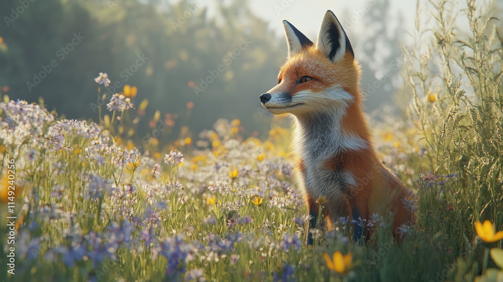 Fototapeta premium Red fox sitting in a field of wildflowers at sunrise.