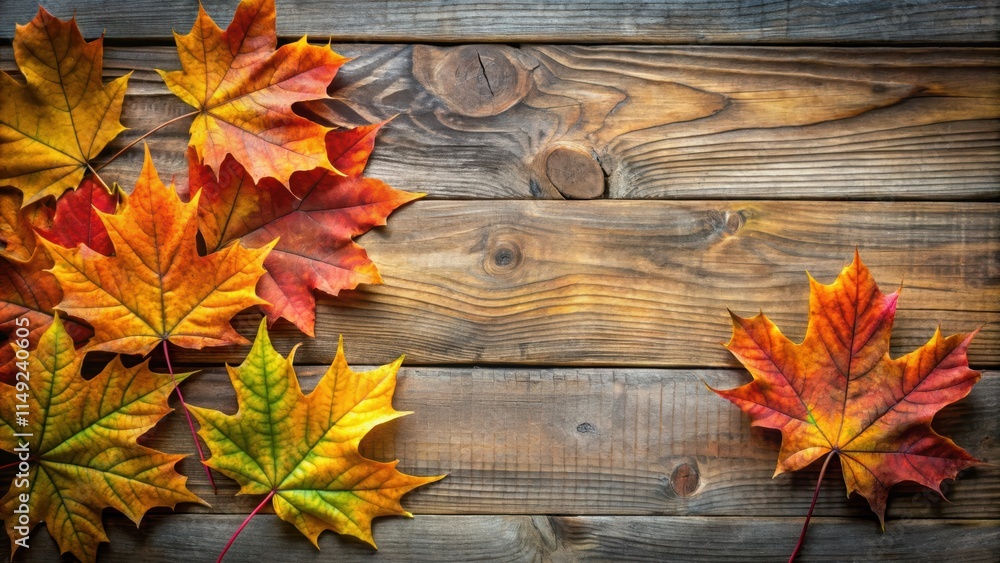 Obraz premium Vibrant autumn sugar maple leaves set against a rustic wood background with natural textures and earthy tones, maple, texture, maple