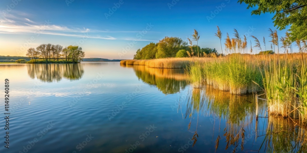 Ruhiges Seeufer am Scharm?tzelsee in Brandenburg mit Schilf Ruhiges Seeufer am Scharm?tzelsee in Brandenburg mit Schilf