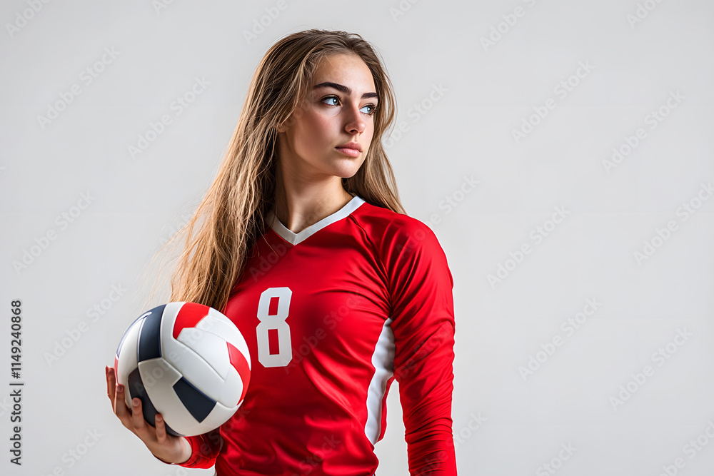 Young female volleyball player holding a ball, poised for action. Young female volleyball player holding a ball, poised for action.