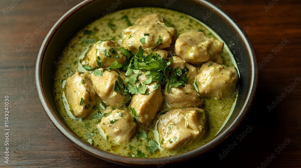 Chicken green curry in a bowl garnished with herbs placed on a dark wooden table Chicken green curry in a bowl garnished with herbs placed on a dark wooden table
