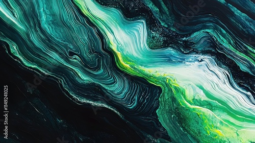 Abstract fluid art painting with teal, green, and white swirls on black background.