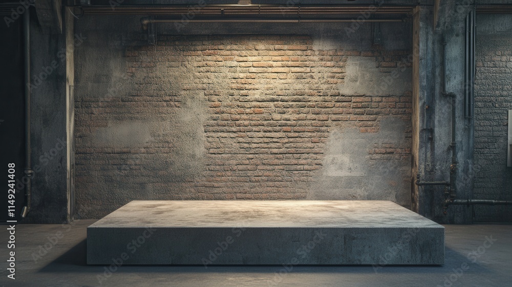 Industrial Concrete Platform Display Against Grungy Brick Wall Background - Product Showcase Mockup Industrial Concrete Platform Display Against Grungy Brick Wall Background - Product Showcase Mockup