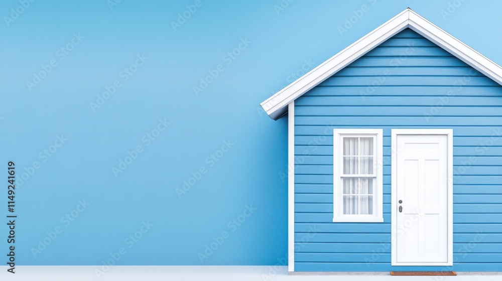 Charming blue house exterior with white door and window against a pastel blue background Charming blue house exterior with white door and window against a pastel blue background