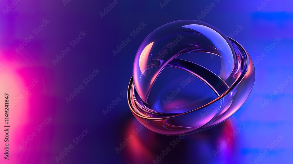 Abstract glass sphere with vibrant neon lighting reflecting on a dark surface. Abstract glass sphere with vibrant neon lighting reflecting on a dark surface.