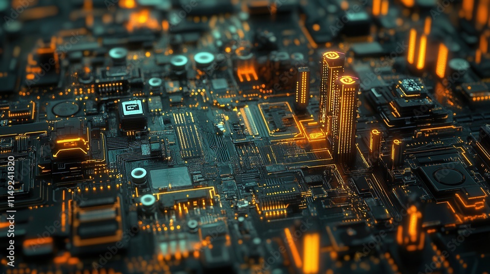 Futuristic Cityscape on Circuit Board Abstract Technology Background with Glowing Orange Lines and Dark Teal Components Futuristic Cityscape on Circuit Board Abstract Technology Background with Glowing Orange Lines and Dark Teal Components
