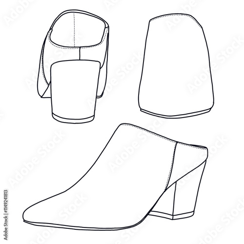 Women's Pointed Toe Block-Heeled Mule shoes Line art, Technical sketch hand drawing outline vector doodle various view isolated on white background for coloring page